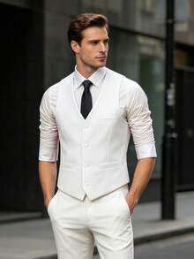 Men's Solid Color Formal Suit Vest, Wide Pocket Design, Suitable For Business, Wedding, Party, Can Be Paired With Men's Suit Set - White - View 9