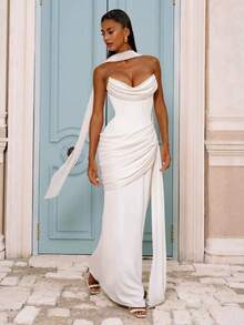Strapless Draped Neckline Mermaid Floor Length Red Carpet Glam Dress - White - View 2