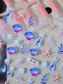 1pc Watercolor Gradient Mermaid Tail Shell Nail Stickers Ocean Plants Starfish Nail Decals Self-Adhesive Disposable Embossed Nail Art Decor Girly Style INS Suitable For Daily Wear And Dates - Multicolor - View 3