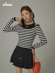 CHUU Women's Off-Shoulder Striped Knit Top, Autumn 2 In 1 Patchwork Design, Youthful Long Sleeve Blouse - Black - View 1