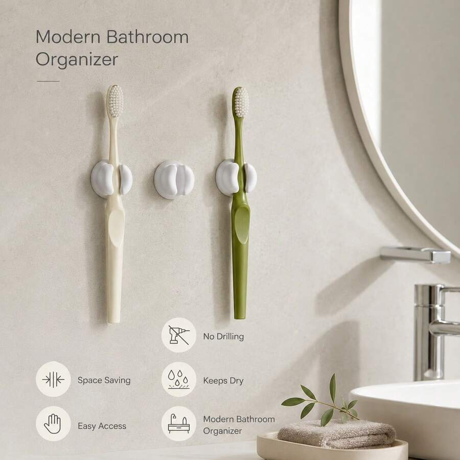 1/3/5pcs No Drill Suction Wall Mount Toothbrush Holder, Space Saving Bathroom Toothpaste Storage Clip, Strong Adhesive Organizer For Tile Mirror Glass, Portable Accessory For Home Dorm Travel Use.
