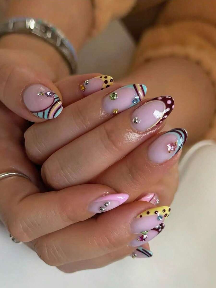 30pcs Short Almond French Press-On Nails, Colorful Striped Nails, Polka Dot And Striped Pattern Design, Decorated With Rhinestones, Set Includes: 1pc Jelly Glue And 1pc Nail File - Multicolor - View 1