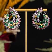1 Pair Women's Fashion Earrings, Minimalist | Personalized | Oval Flower Dangle Earrings, C-Shaped, Inlaid With Colorful Zirconia, Women's Fashion Earrings, Ear Jewelry, Gift - Colorful - View 2