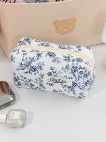 3pcs Blue Vintage Floral Quilted Makeup Bag Set, Portable Travel Toiletry Bag, Soft Zipper Makeup Organizer Bag, Small Pencil Case, Vintage Elegant Floral Print Bag, Suitable For Women's Daily Makeup, Skincare, Stationery And Travel Use - Beauty and Makeup Bag - View 10