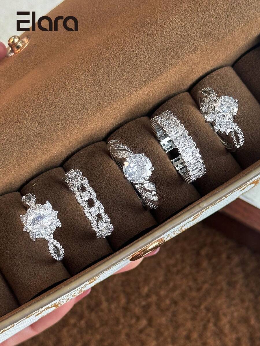 5件組女士奢華立方鋯石皇冠銅色開口戒指套組，適合婚禮與日常配戴（無禮盒）
