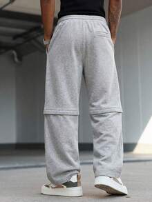 MAISONFOX Men's Grey Patchwork Loose Pants, Red Letter Print, Drawstring Waist, Adjustable Hem, Cargo Pants, Retro Hip-Hop Style Sweatpants - Light Grey - View 2