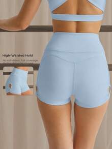 Women's Light Blue High Waist Side Slit Twist Knot Fitness Running Yoga Shorts, Side Hollow Cross V Waist Anti-Roll Up Fitness Riding Sports Summer - Baby Blue - View 1