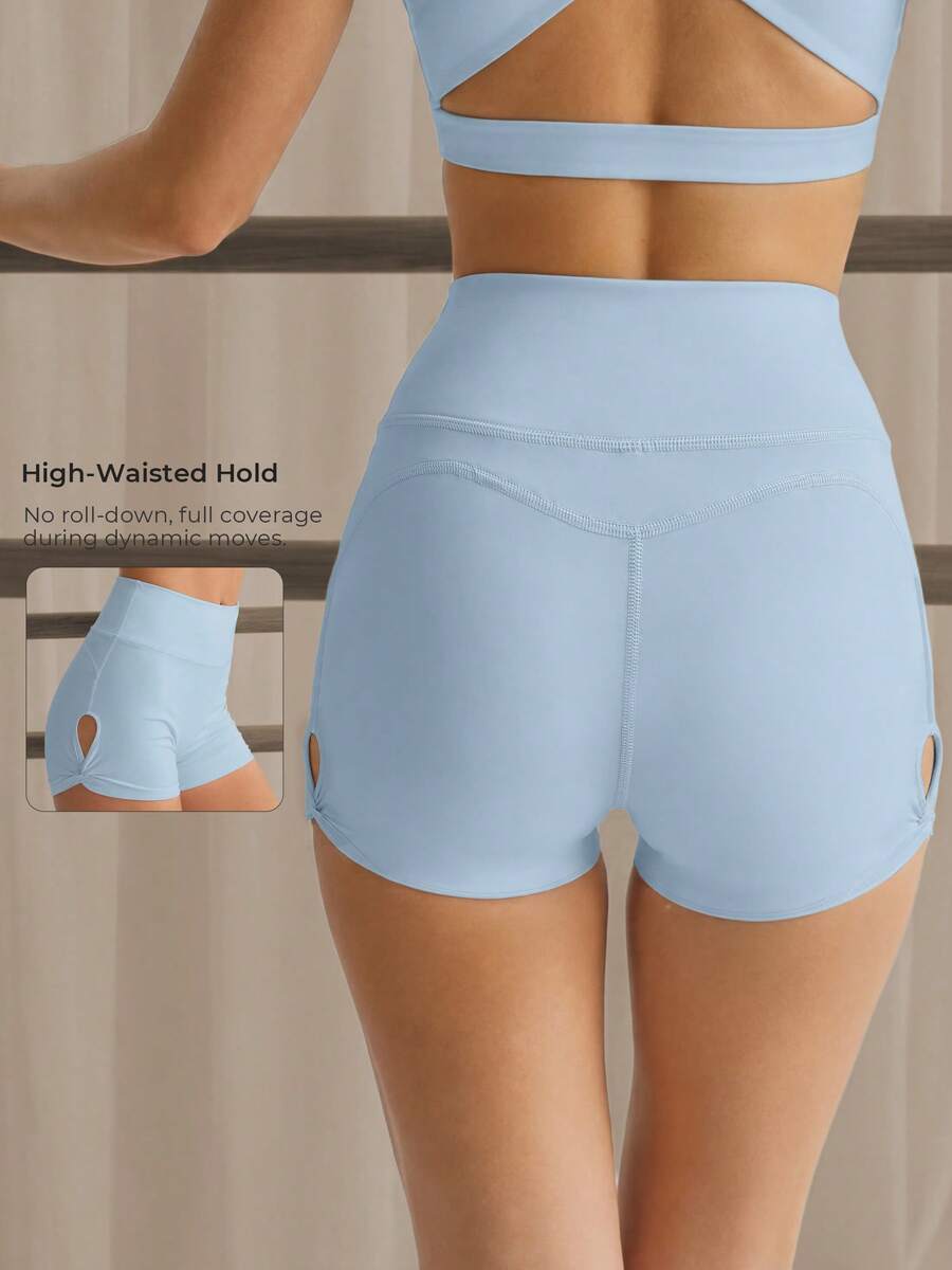 Women's Light Blue High Waist Side Slit Twist Knot Fitness Running Yoga Shorts, Side Hollow Cross V Waist Anti-Roll Up Fitness Riding Sports Summer - Baby Blue - View 1