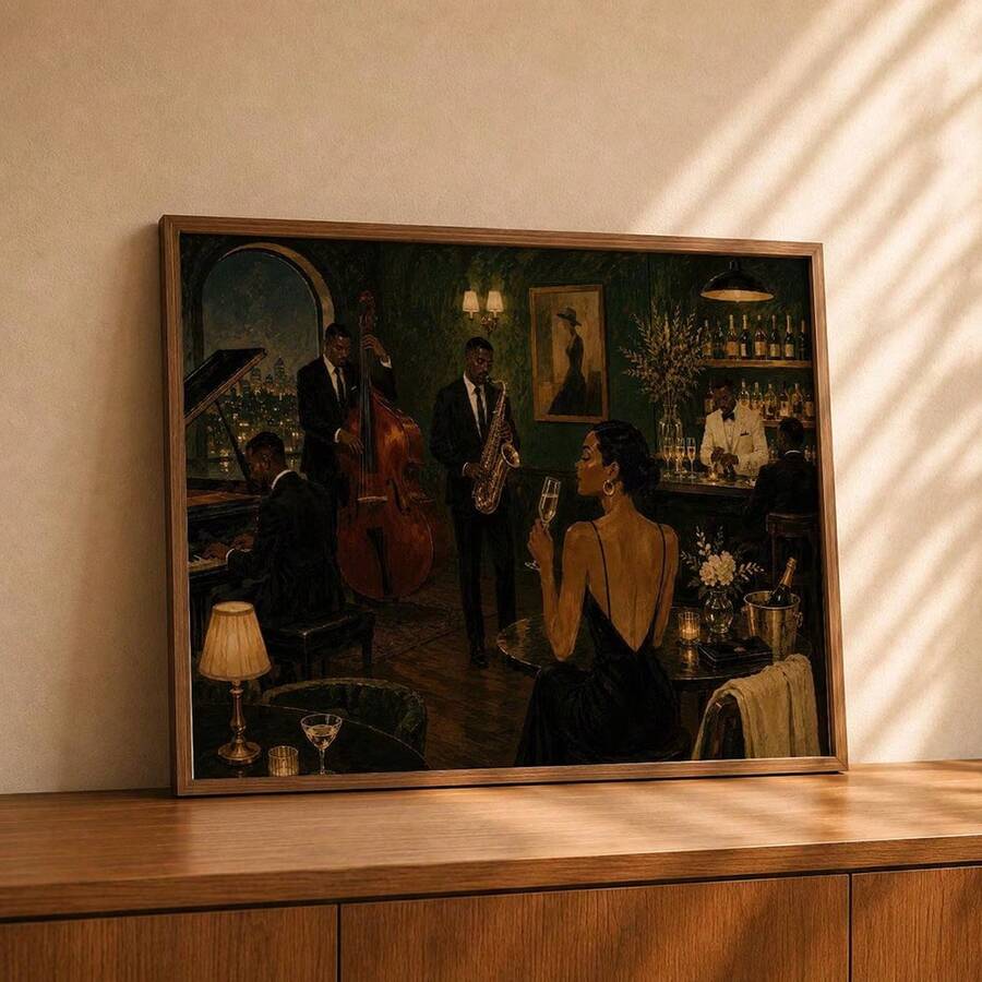 1 pieza Póster de lienzo con marco/sin marco de club de música jazz afroamericano vintage melancólico, arte de pared de cultura afro, pintura de mediados de siglo para pasillo, sala de estar, dormitorio, decoración del hogar moderno - A - Ver 1
