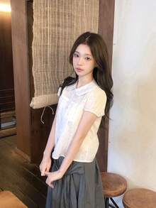 Teen Girl Collar Puff Sleeve Design Elegant Slimming Short Sleeve Blouse Tops Summer White - White - View 2