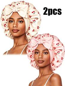 CONFLASS Cherry Patterned Round Bonnet With Bow And Long Ribbon Layers, Silk Tie Sleep Cap, Satin Lined, Suitable For Women's Curly Hair, Braids And Natural Hairstyles - Multicolor - View 9