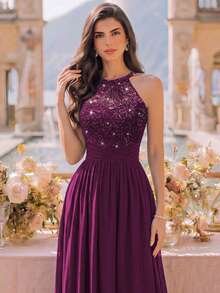 MIUSOL 亮片花卉蕾絲掛脖無袖抓褶雪紡正式派對長洋裝，正式晚禮服，適合婚禮賓客、畢業典禮、晚餐 - 紫紅色 - 查看 9