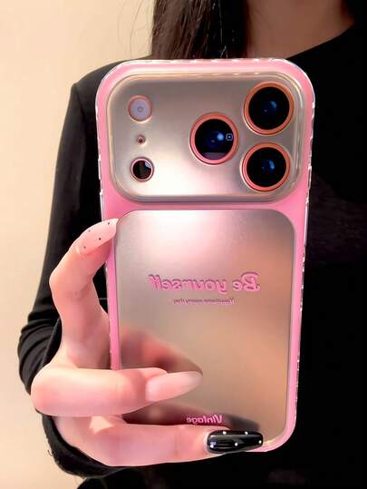 Japanese & Korean Style Premium Minimalist Pink Edge Electroplated English Letter Phone Case Compatible With Iphone 15, 16, 17 Pro Max, 13, Full Coverage Shockproof Protective Cover, 16 Pro Max Personalized
