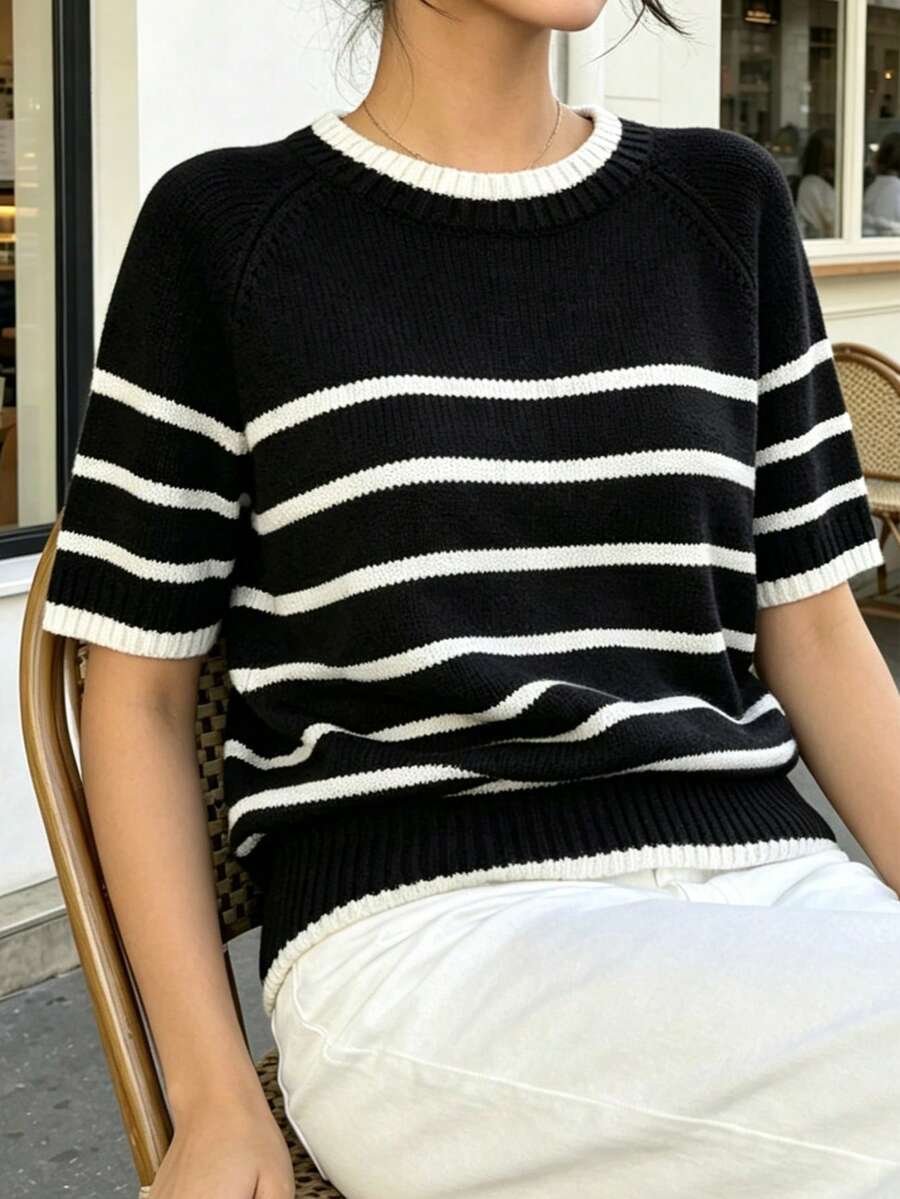 Women's Preppy Ribbed Knit Striped Short Sleeve Pullover Sweater, Medium Stretch, Regular Length, Suitable For Autumn Wear - Multicolor - View 1