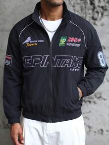 Men's Black Y2K Street Style Racing Pilot Jacket, Printed Stand Collar, Long Sleeve Zip-Up Outerwear - Black - View 4
