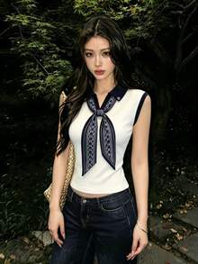 1件女款 Polo 領無袖針織上衣，附蝴蝶結圍巾，修身顯身材背心，適合夏季 - 灰色 - 查看 4