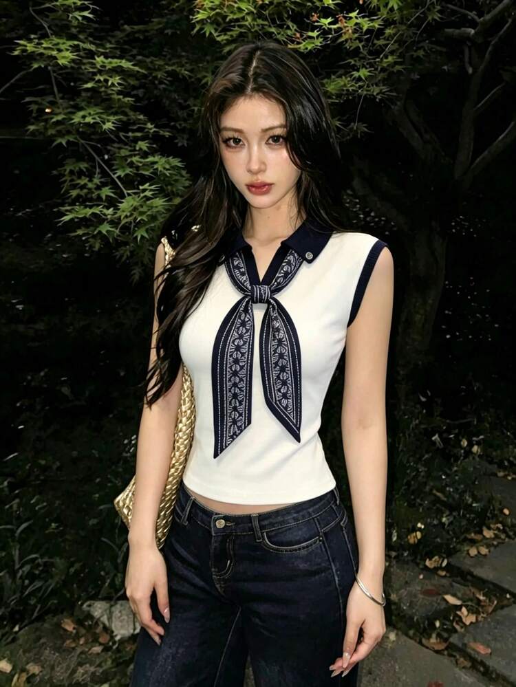 1件女款 Polo 領無袖針織上衣，附蝴蝶結圍巾，修身顯身材背心，適合夏季 - 灰色 - 查看 4