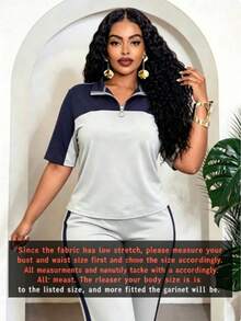 Basic Fall Matching Tracksuit For Going Out & Business, Plus Size Color Block Half Zip Top Striped Pants, Halloween Birthday Casual Two Pieces Set - Grey - View 3
