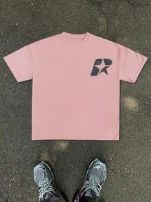 New Men's T-Shirt, Minimalist White Base Pattern With An Abstract Geometric Lettering Graphic In Vintage Style On The Left Chest, Minimalist And Versa - 粉色 - 查看 1