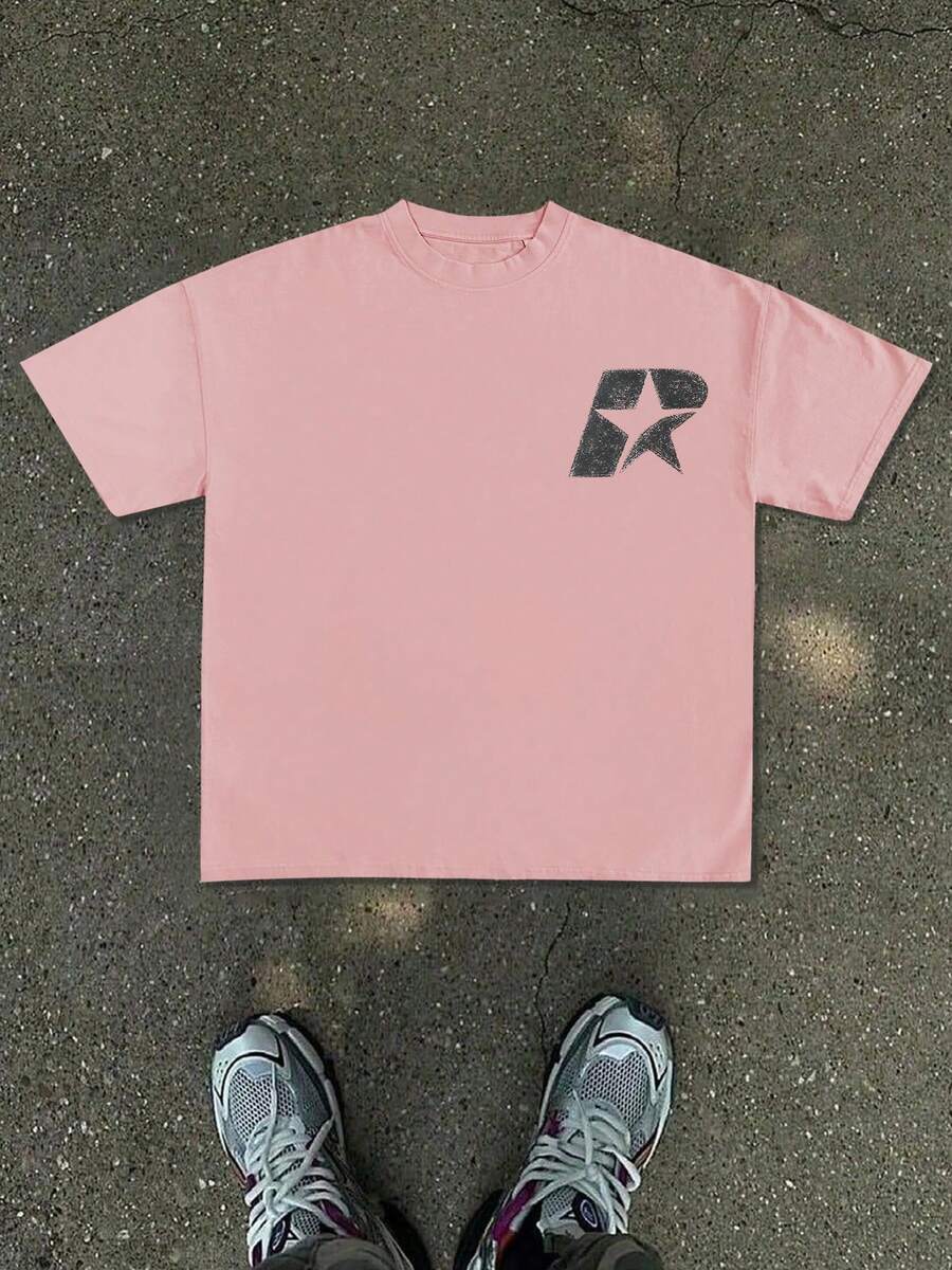New Men's T-Shirt, Minimalist White Base Pattern With An Abstract Geometric Lettering Graphic In Vintage Style On The Left Chest, Minimalist And Versa - 粉色 - 查看 1