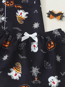 Set Piyama Wanita Motif Halloween Lengan Pendek Model Bubble Crinkle - Hitam - View 6