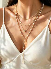 4 Peças Conjunto de Colar em Forma de Coração Vintage Elegante com Decote em Y para Mulheres, Adequado para Uso Diário, Encontros e Feriados - Ouro amarelo - Visão 1