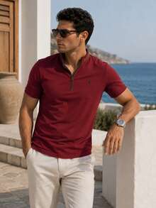 T8571 DEWBERRY Men T-SHIRT WITH ZIPPER - Burgundy - View 3