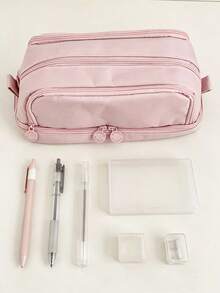 1 PC Large Capacity Pencil Case With Twin Windows, Multifunctional Studying Stationery Bag In Macaron Colors For Students, First Day Of School - Multicolor - View 2