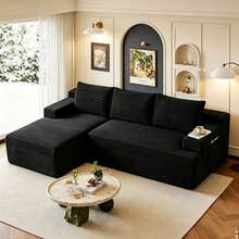 Compression-Boneless 95" L-Shaped Cloud Sectional Sofa With Oversized Chaise, Modular 3-Seater Corduroy Couch For Living Room & Bedroom, Deep Seat No Assembly Required - Black - View 14
