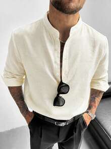 Camisa GloMan para hombre de mezcla de lino blanco con media abertura, manga larga, simple, unisex, para vacaciones de verano, uso diario, ropa casual de oficina, regreso a la escuela, regalo para papá, esposo - Blanco - View 3