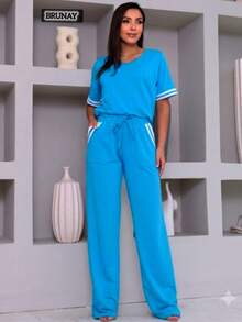 Women's Striped Sweatshirt And Pants Set With White Details, Comfortable Style - 泳池藍色 - 查看 1