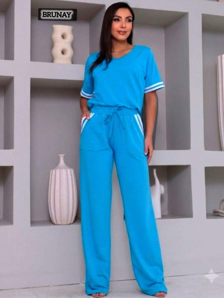 Women's Striped Sweatshirt And Pants Set With White Details, Comfortable Style - 泳池藍色 - 查看 1