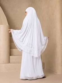 時尚百搭純色蕾絲飾邊水晶亞麻女款兩件式優雅柔軟雙層蕾絲飾邊披肩套裝 防曬穆斯林希賈布 - 白色 - 查看 3