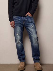 Men's Casual Vintage Frayed Slim Fit Jeans, Stretch Slim Leg Washed Distressed Denim Pants - Blue - View 1