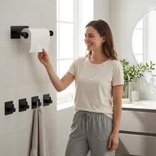 Drill-Free Space-Saving Bathroom Set, Includes Matte Black Toilet Paper Holder And Multi-Functional Waterproof Rust-Proof Wall-Mounted Storage Rack, Suitable For Towels, Bathrobes And Toilet Paper, Ideal For Bathroom And Shower Room,Bedroom Room Decor,Back To School - Black - View 5