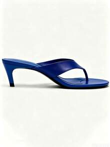 女款夏季藍色極簡細跟夾腳涼鞋，溫柔通勤休閒小貓跟夾腳拖鞋 - 藍色 - 查看 4