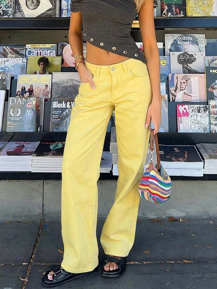 Women's Casual Yellow Straight Leg Jeans, Button And Zipper Detail Design, Perfect For Spring/Summer Outfits, Full Of Y2K Retro Style
