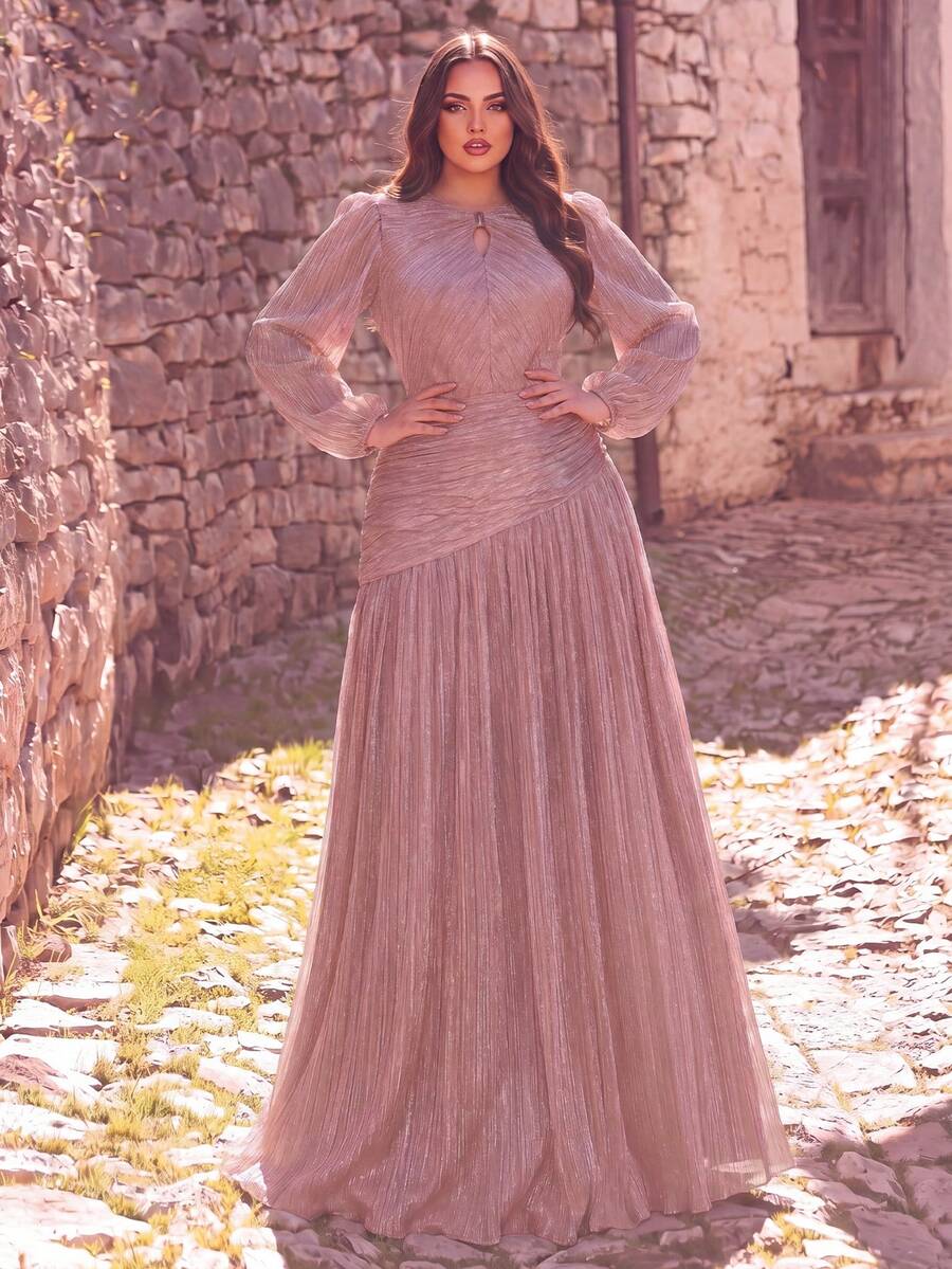 Plus Size Elegant Glitter Long Formal Dress, Long Sleeve Round Neck Flared Hem, Suitable For Charming Nights, Weddings, Parties And Other Special Occasions, Autumn Style - Dusty Pink - View 1