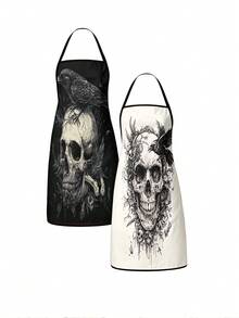 2/4PCS Dark Art Halloween Skull Crow Apron Set, Tattoo Style Skeleton Raven Feather Ornate Pattern Kitchen Apron, Waterproof Oilproof Cooking Bib For Baking Grilling, Gothic Spooky Home Decor Halloween Party Gift For Women Men - Multicolor - View 8
