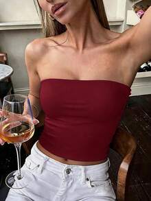 女款夏季性感辣妹休閒百搭 Y2K 風格抹胸上衣 - 酒紅色 - 查看 8