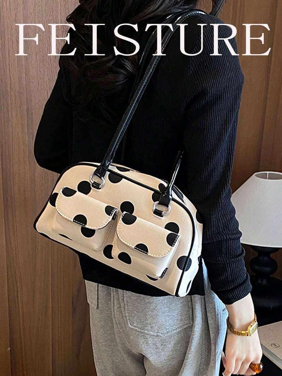 FEISTURE 1件波點印花多口袋女款單肩包，時尚手提保齡球包，適合女孩、女性、大學生、職場新人與上班族，完美適用於工作、商務、通勤、上學