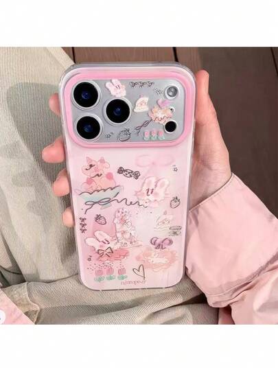 1pc New Korean Ins Style Pink Sweet Cute Cake Rabbit Strawberry Floral Pattern Phone Case Compatible With Apple 17pm, Minimalist Premium Apple 16, Fashion Apple 15p, Unique Non-Duplicate Apple 14plus, Business Apple 13, Apple 12pm, Cartoon Apple 11, Shockproof Protective Cover