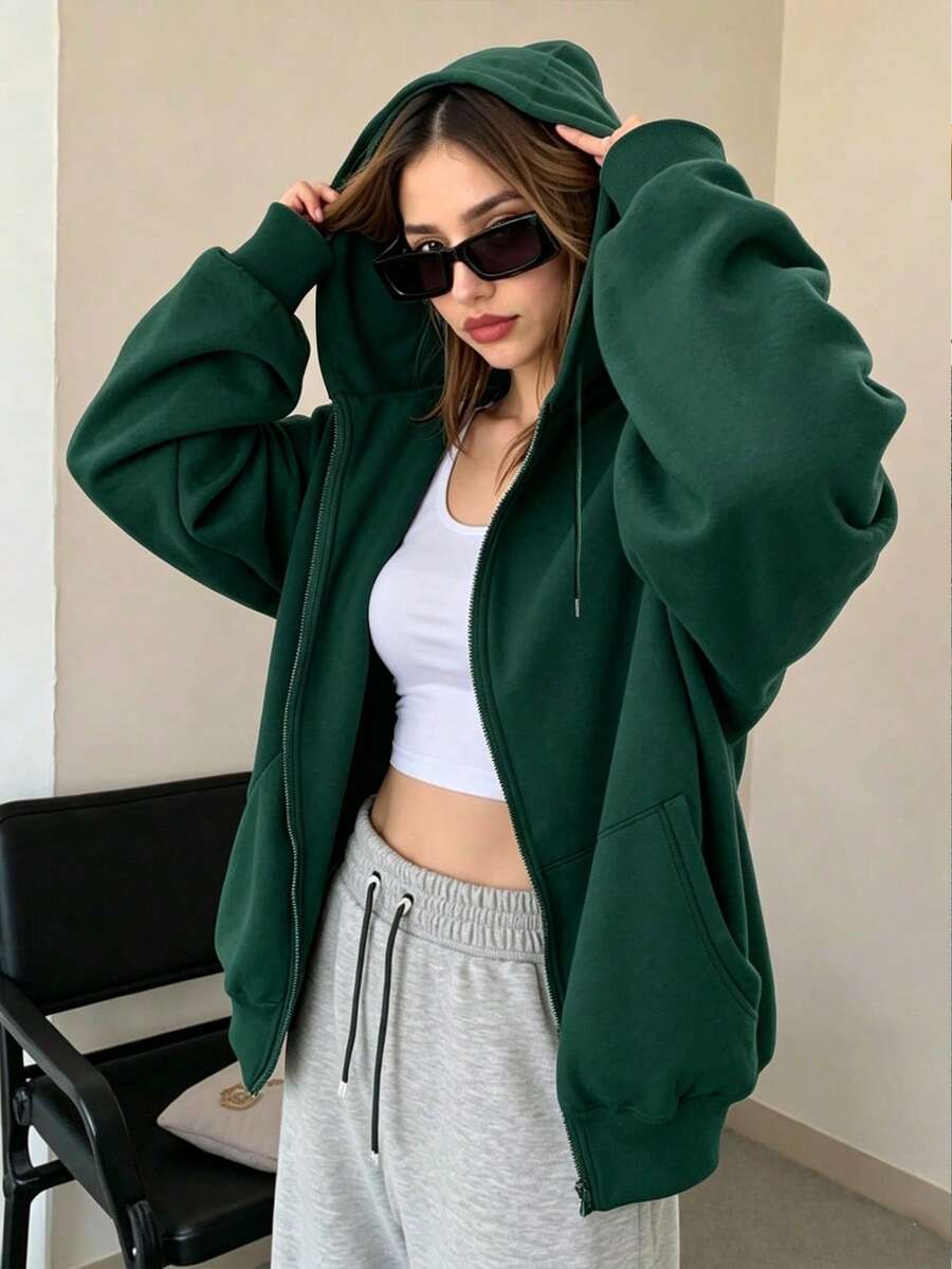 New Women's Front Zipper Drop Shoulder Hooded Sweatshirt, Fashion Loose Plus Size Fit, Drawstring Design, Autumn/Winter Sports Casual Jacket Fall - Dark Green - View 1