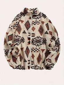 Jaket Kasual Fleece Bermotif dengan Resleting dan Kerah Tegak untuk Wanita Ukuran Besar, Populer untuk Musim Gugur/Dingin - Aprikot - View 1