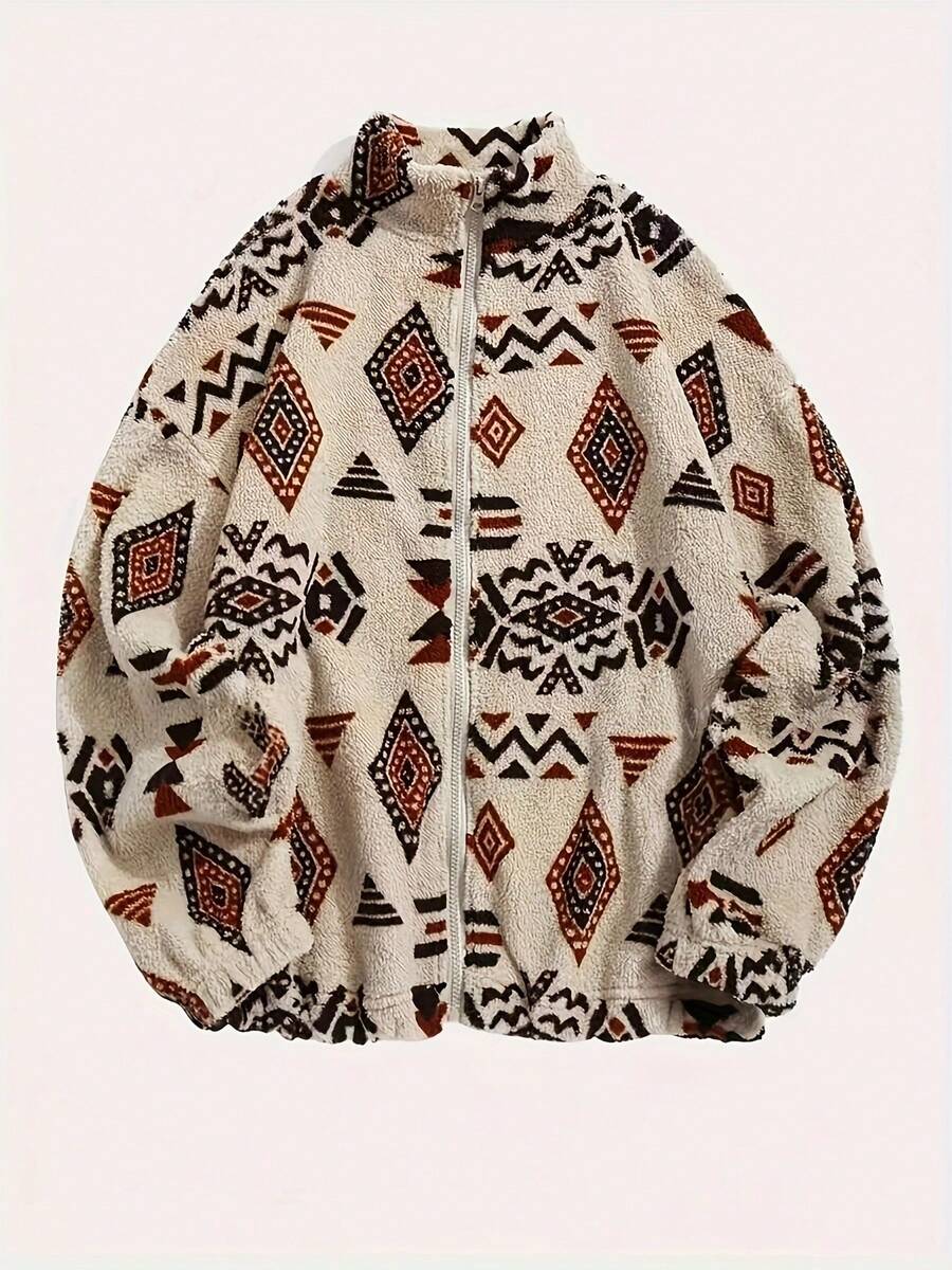 Jaket Kasual Fleece Bermotif dengan Resleting dan Kerah Tegak untuk Wanita Ukuran Besar, Populer untuk Musim Gugur/Dingin - Aprikot - View 1