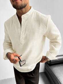 Camisa GloMan para hombre de mezcla de lino blanco con media abertura, manga larga, simple, unisex, para vacaciones de verano, uso diario, ropa casual de oficina, regreso a la escuela, regalo para papá, esposo - Blanco - View 4
