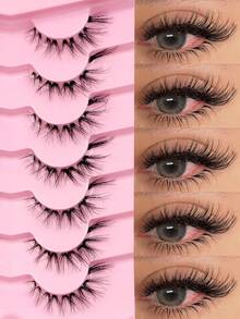 7 Pairs Natural Fox Eye False Eyelashes, Clear Stem Faux Mink Hair, Fluffy Cross Style, Eyelash Extensions, Reusable Full Strip Lashes, Suitable For Daily Eye Makeup, Beginner Friendly - Black - View 1