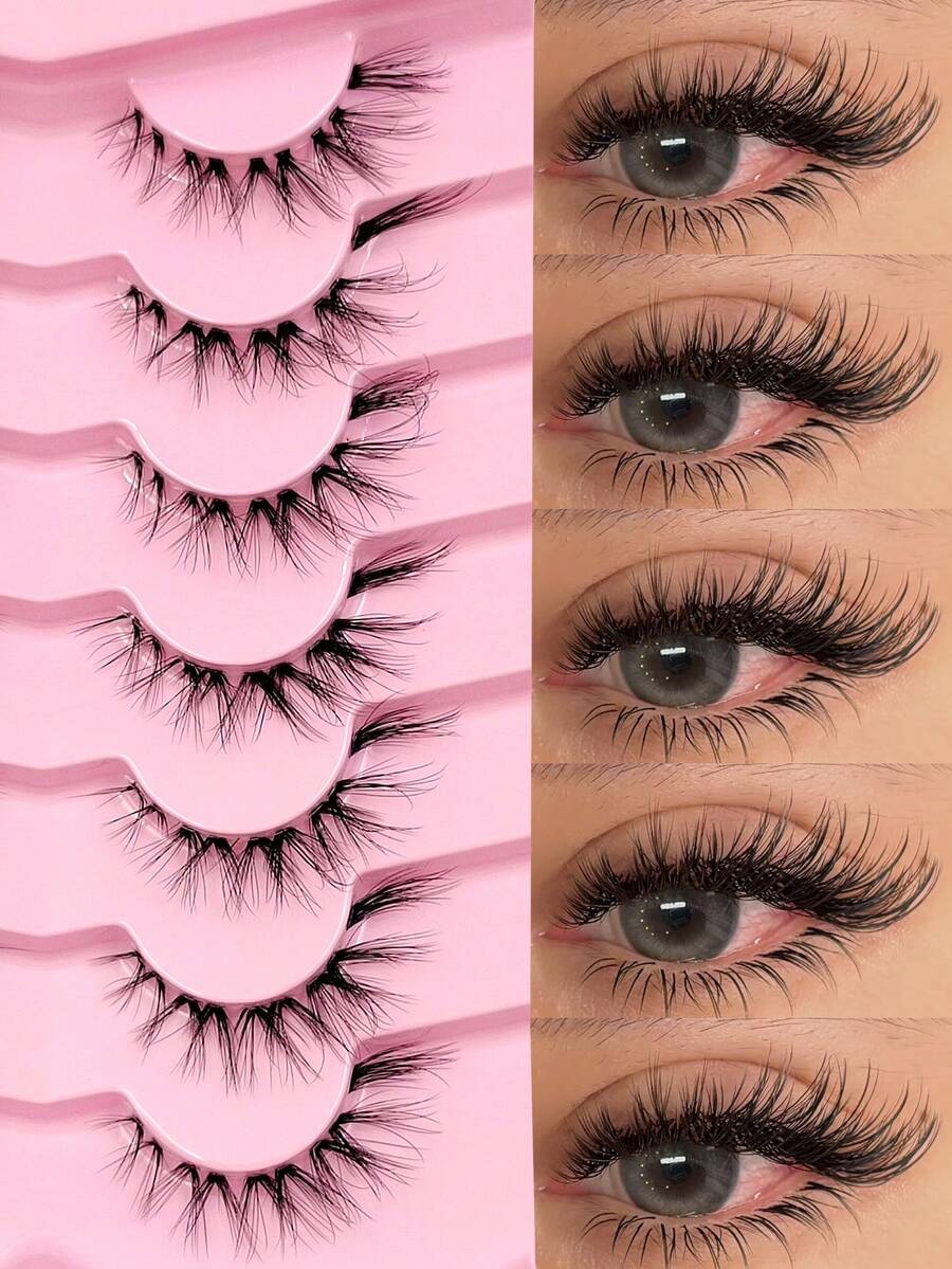 7 Pairs Natural Fox Eye False Eyelashes, Clear Stem Faux Mink Hair, Fluffy Cross Style, Eyelash Extensions, Reusable Full Strip Lashes, Suitable For Daily Eye Makeup, Beginner Friendly - Black - View 1