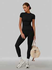 MFVIM Women's Solid Color Round Neck 2-Piece Set Slim Fit Yoga Outfit Short Sleeve Top High-Intensity Tight Versatile Outdoor Running Sports Fitness Wear - Black - View 10