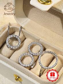 1 Set Of 4pcs Romantic Cubic Zirconia Ring, Necklace, Earrings With Gift Box, Women's Wedding Anniversary Gift - 1# - View 6